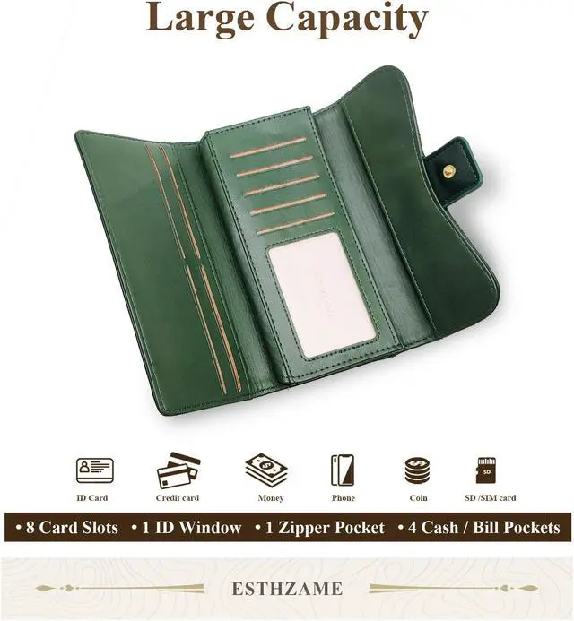 Alt view image 3 of 6 - Sophisticated Womens Trifold Wallet - Long Clutch Style, PU Leather, Essential Organizers, Timeless Black Green