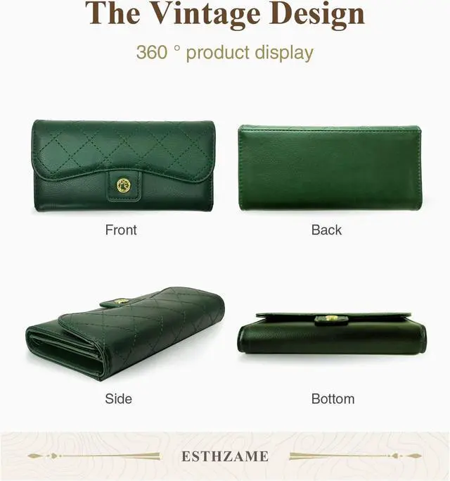 Alt view image 6 of 6 - Sophisticated Womens Trifold Wallet - Long Clutch Style, PU Leather, Essential Organizers, Timeless Black Green