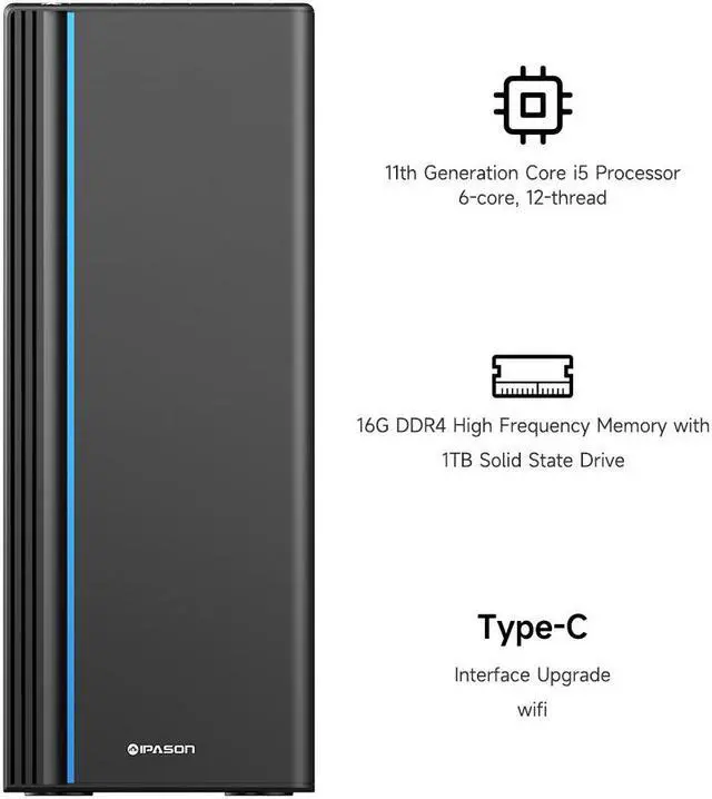Alt view image 2 of 7 - IPASON - Gaming Desktop - intel I5 12450H( 8 Core UP TO 4.4GHz) - - 1TB M.2 NVMe - 16GB DDR4 3200MHz -350w- Windows 11 home - Gaming PC