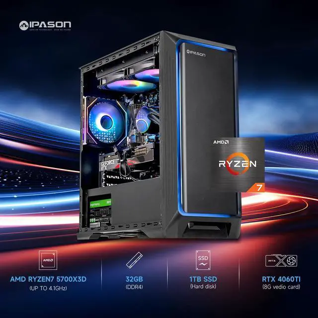 Alt view image 3 of 7 - IPASON Gaming PC Desktop Ryzen7 5700X3D (8 Core up to 4.1GHz) ,NVIDIA RTX4060, 1TB NVME SSD, 32GB DDR4 RAM , 650 PSU , Windows 11 Home 64-bit