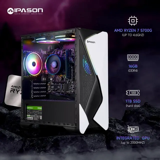 Alt view image 2 of 7 - IPASON   Gaming desktop    AMD Ryzen 7 5700G (up to 4.6GHz)   16GB DDR4 3200MHz    1TB M.2 NVMe    550W PSU    Windows 11 home    WIFI    Gaming PC