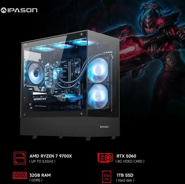 Alt view image 2 of 7 - IPASON Gaming PC AMD Ryzen7 9700X, Geforce RTX5060 8G, 1TB NVME SSD, 32GB DDR5 RAM , 650W GOLD PSU ,240MM AIO liquid cooler , MSI B650M , Windows 11 , WIFI, Prebuilt Gaming Pc New computer