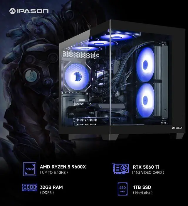 Alt view image 2 of 7 - IPASON Gaming Desktop PC , Ryzen5 9600X, Geforce RTX 5060 Ti ,MSI B650M 32GB DDR5 1TB NVMe SSD, 650W GOLD PSU, Wi-Fi,Liquid Cooler,ARGB Fans , Windows 11  ,Prebuilt Gaming Pc New compute