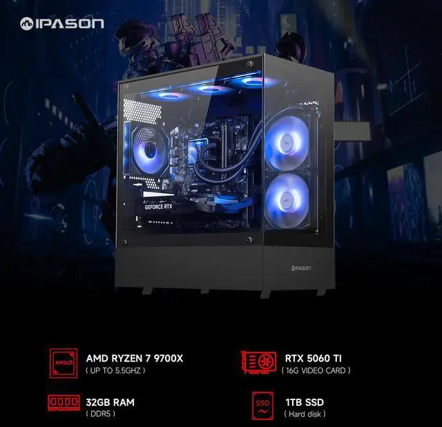 Alt view image 2 of 7 - IPASON Gaming PC AMD Ryzen7 9700X, Geforce RTX5060 Ti 16G, 1TB NVME SSD, 32GB DDR5 RAM , 650W GOLD PSU ,240MM AIO liquid cooler , MSI B650M , Windows 11 , WIFI, Prebuilt Gaming Pc New computer