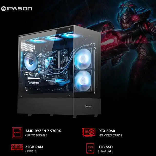 Alt view image 3 of 7 - IPASON Gaming Desktop PC , Ryzen7 9700X, Geforce RTX 5060 8G ,MSI B650M 32GB DDR5 1TB NVMe SSD, 650W GOLD PSU, Wi-Fi,Liquid Cooler,ARGB Fans , Windows 11  ,Prebuilt Gaming Pc New compute