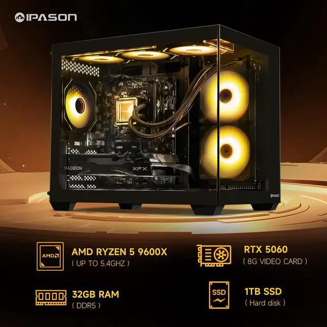 Alt view image 3 of 7 - IPASON Gaming Desktop PC , Ryzen5 9600X, Geforce RTX 5060 8G ,MSI B650M 32GB DDR5 1TB NVMe SSD, 650W GOLD PSU, Wi-Fi,Liquid Cooler,ARGB Fans , Windows 11  ,Prebuilt Gaming Pc New compute