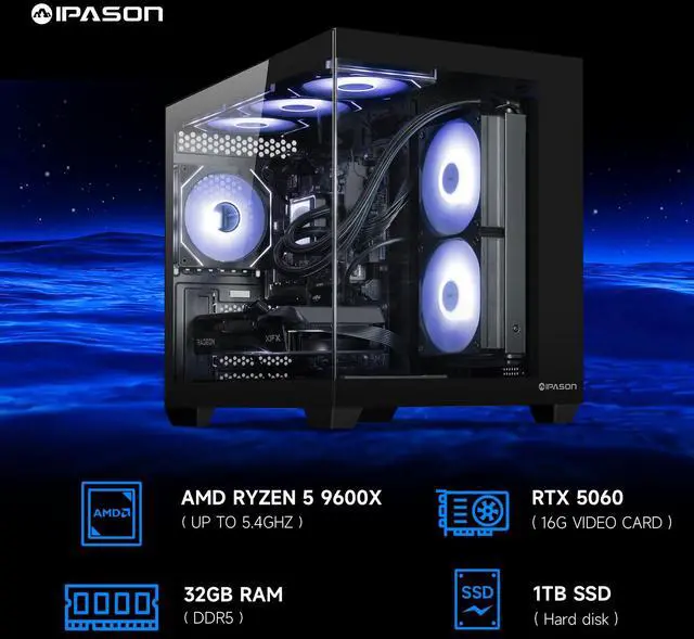 Alt view image 2 of 7 - IPASON Gaming Desktop PC,AMD Ryzen5 9600X,Geforce RTX 5060 8G,32GB DDR5,1TB NVMe SSD,Wi-Fi,Liquid Cooler,Windows 11 Home,Prebuilt Pc Computer