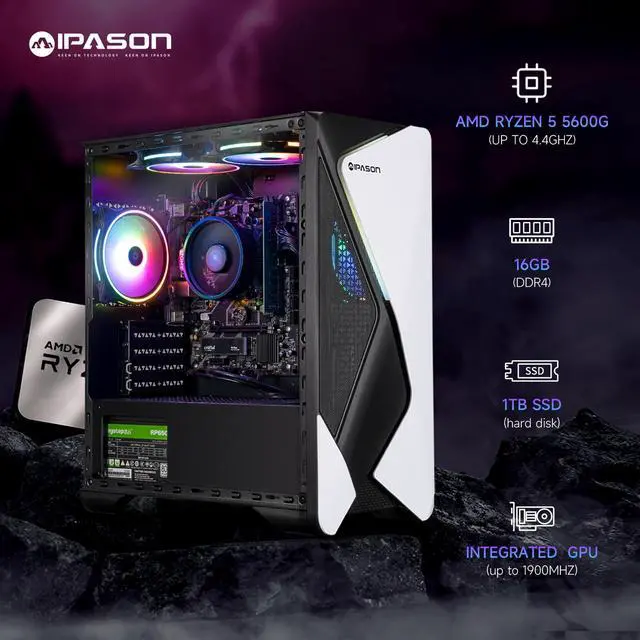 Alt view image 2 of 7 - IPASON - Gaming desktop - AMD Ryzen 5 5600G 6 core  up to 4.4GHz - 16GB DDR4 3200MHz - 1TB M.2 NVMe - 550W PSU - Windows 11 home - WIFI - Gaming PC