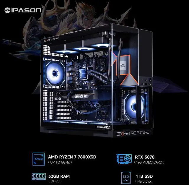 Alt view image 2 of 7 - IPASON Gaming Desktop, Ryzen 7 7800X3D, NVIDIA RTX5070 12GB,32GB DDR5 RAM, 1TB M.2 NVMe,Windows 11 home,WIFI,360MM Liquid Cooler, ARGB Fans, AI Ready,850W Gold PSU, Prebuilt Gaming Pc