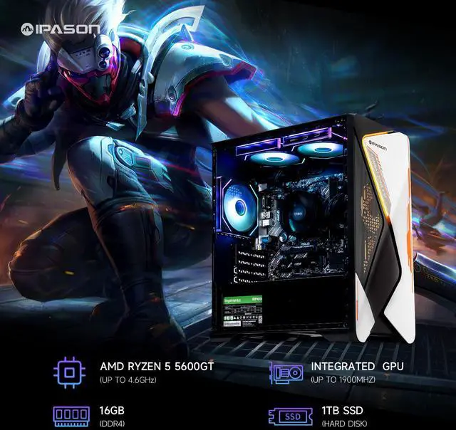 Alt view image 2 of 7 - IPASON - Gaming desktop - AMD Ryzen 5 5600GT 6 core  up to 4.6GHz - 16GB DDR4 3200MHz - 1TB M.2 NVMe - 550W PSU - Windows 11 home - WIFI - Gaming PC