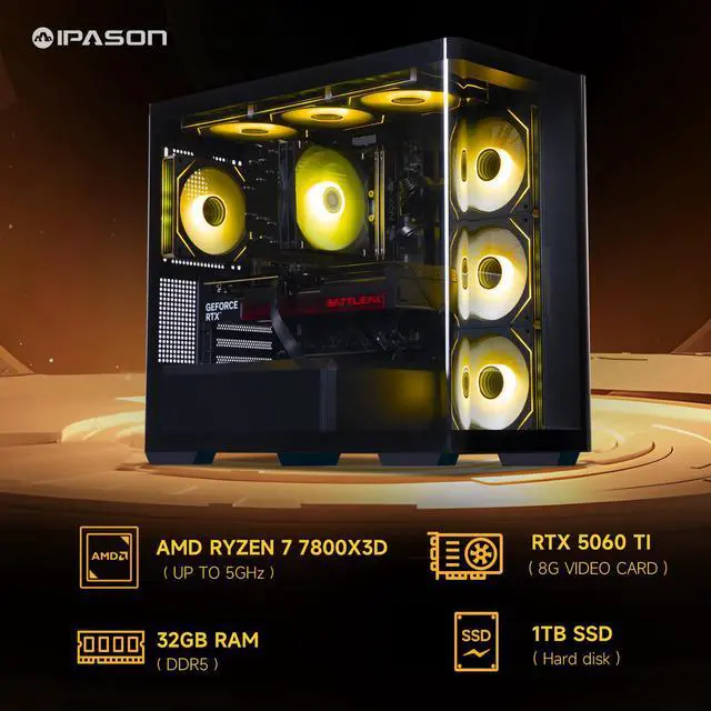 Alt view image 2 of 7 - IPASON Ryvex Gaming Desktop, Ryzen 7 7800X3D, NVIDIA RTX5060Ti ,32GB DDR5 RAM, 1TB M.2 NVMe,Windows 11 home,B850M-E WIFI, ARGB Fans, AI Ready,650W Gold PSU, Prebuilt Gaming Pc,new computer