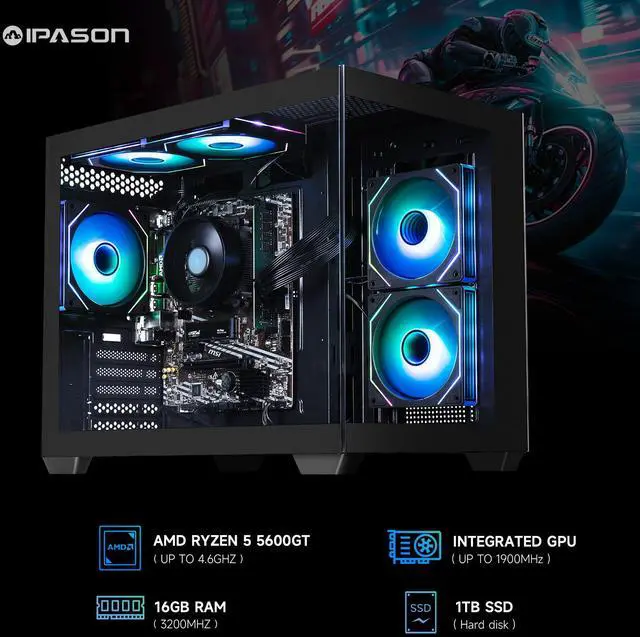 Alt view image 2 of 7 - IPASON - Gaming desktop - Upgrade from AMD Ryzen 5 5600G To Ryzen 5  5600GT 6 core  up to 4.6GHz - 16GB DDR4 3200MHz - 1TB M.2 NVMe - 550W PSU - Windows 11 home - WIFI - Gaming PC
