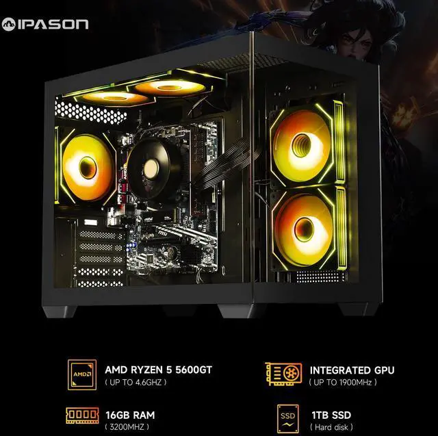 Alt view image 2 of 7 - IPASON - Gaming desktop - AMD Ryzen 5 5600GT 6 core  up to 4.6GHz - 16GB DDR4 3200MHz - 1TB M.2 NVMe - 550W PSU - Windows 11 home - WIFI - Gaming PC