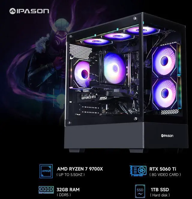 Alt view image 2 of 7 - IPASON Gaming PC AMD Ryzen7 9700X, Geforce RTX5060 Ti 16G, 1TB NVME SSD, 32GB DDR5 RAM , 650W GOLD PSU ,6 Copper Tube Air cooler  , MB650M , Windows 11 , WIFI, Prebuilt Gaming Pc New computer