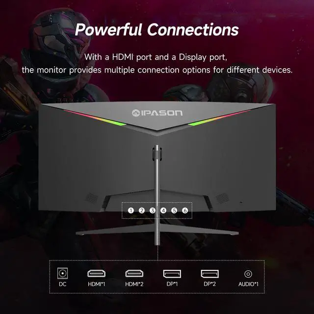 Alt view image 7 of 7 - IPASON E342BW-J 34-inch Adjustable&Wall-mounted Gaming Monitor FreeSync Premium, 1MS(MRPT),3440*1440(Ultra-WQHD)Resolution sRGB :99%, 165Hz Refresh Rate,R1500, FreeSync Supported,HDMI,DP1.4