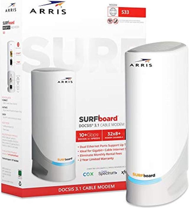 Main image of arris surfboard s33 docsis 3.1 multi-gigabit cable modem with 2.5 gbps ethernet port, approved for cox, xfinity, spectrum & others.