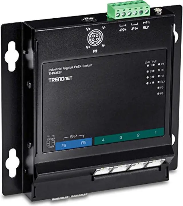 Alt view image 10 of 10 - TRENDnet 6-Port Industrial Gigabit PoE+ Wall-Mounted Front Access Switch, TI-PG62F, 4 x Gigabit PoE+ Ports, 2 x Gigabit SFP Slots, DIN-Rail, Wall Mount Brackets Included, IP30, 120W PoE Budget