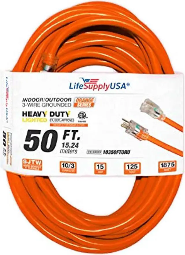 Main image of 50 ft extension cord 10/3 sjtw with lighted end - orange- indoor / outdoor heavy duty extra durability 15 amp 125 volts 1875 watts etl listed - by lifesupplyusa
