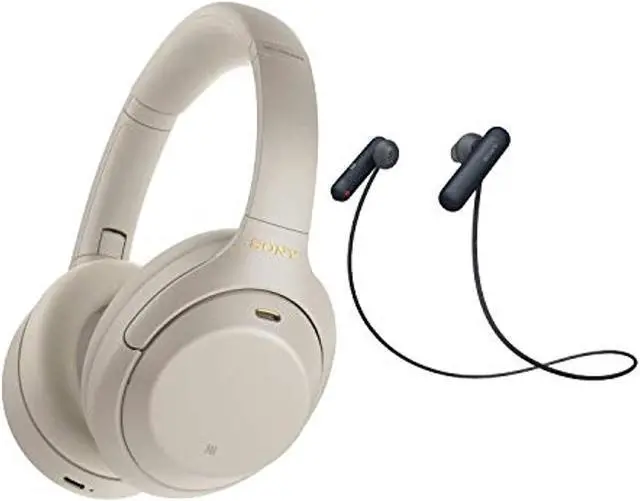 Main image of sony wh-1000xm4 wireless noise canceling over-ear headphones (silver) with sony wi-sp500 in-ear sports wireless headphones (black) bundle (2 items)