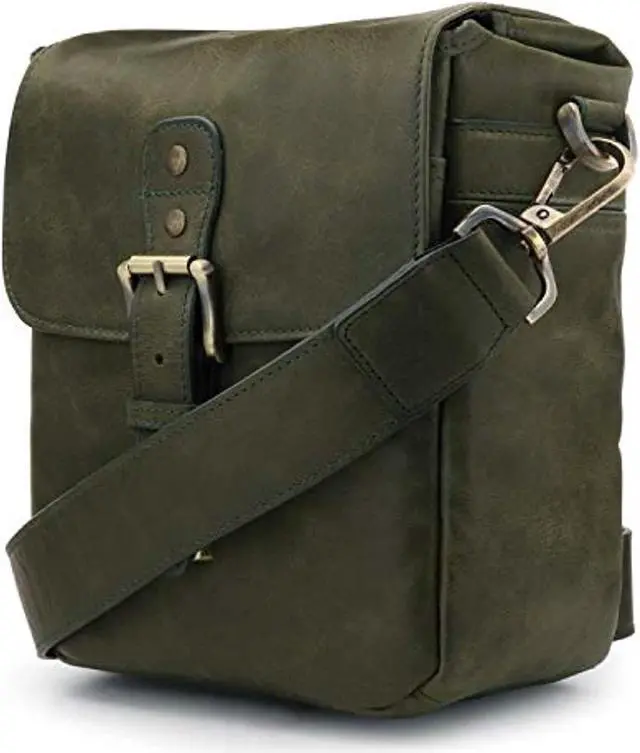 Alt view image 2 of 3 - megagear torres mini mg1701 genuine leather camera messenger bag for mirrorless, instant and dslr cameras - khaki green