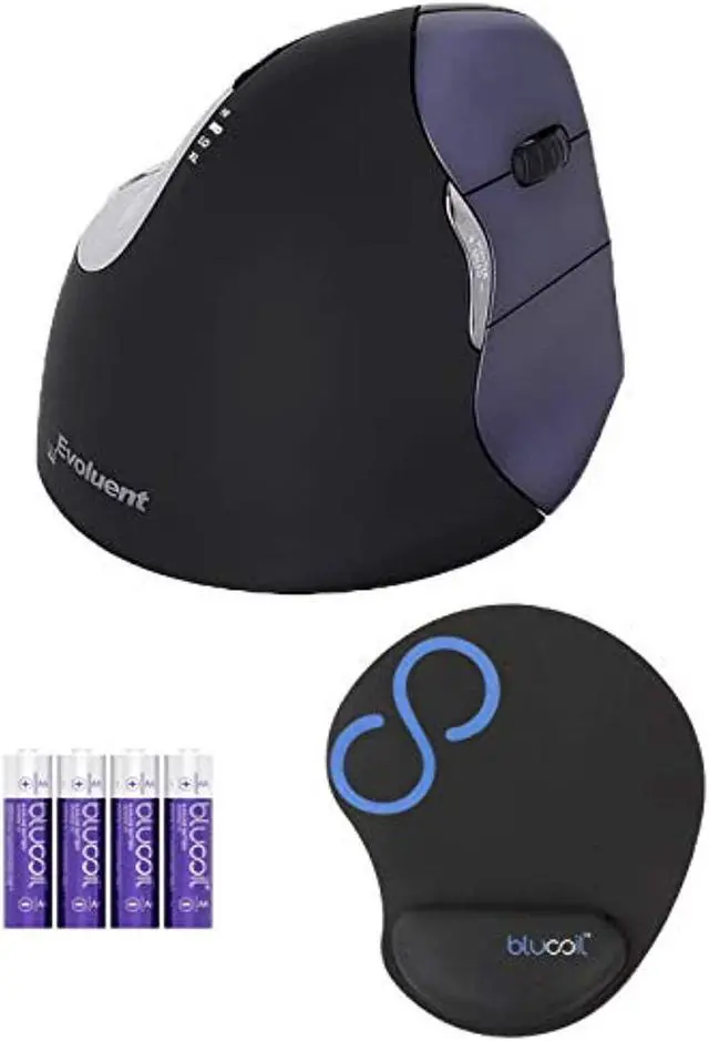 Main image of evoluent vm4rw verticalmouse 4 right wireless ergonomic mouse with 2.4 ghz usb receiver (medium to large hand size) bundle with blucoil mousepad with wrist rest support, and 4 aa b