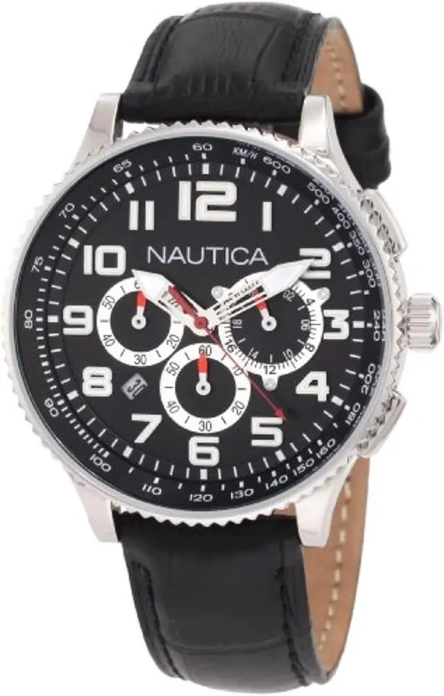 Alt view image 3 of 3 - Nautica N22596M Men's Black Dial Leather Chronograph Watch