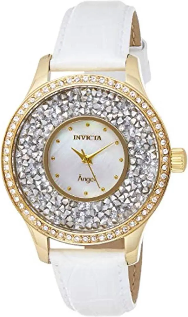 Alt view image 9 of 10 - INVICTA WOMEN'S ANGEL WHITE LEATHER BAND STEEL CASE QUARTZ ANALOG WATCH 24589