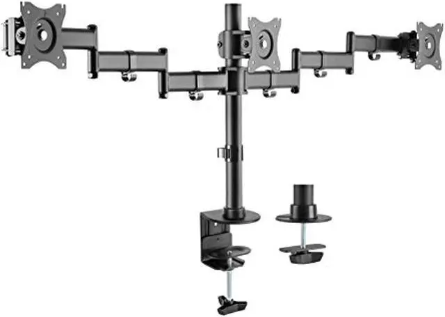 Main image of rocelco premium triple monitor desk mount - vesa pattern fits 13" - 27" led lcd flat computer screen - three articulated full motion adjustable arms - grommet and c clamp - black (r dm3)
