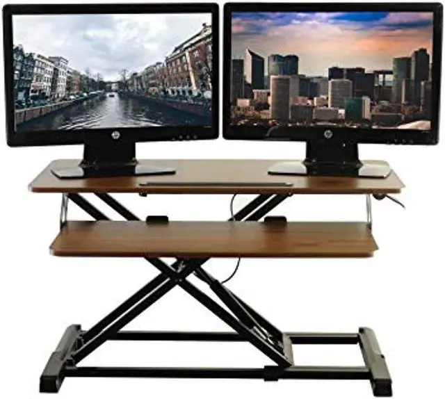 Alt view image 7 of 14 - TechOrbits Standing Desk - Stand Up Desk Converter And Monitor Riser - Height Adjustable Sit Stand Tabletop Workstation Wood Brown