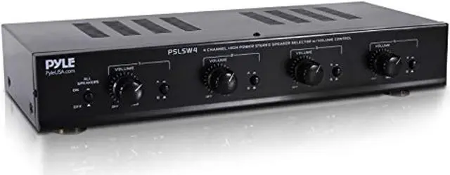 Main image of 4 channel speaker selector switch - multi zone a b speaker distribution controller box w/ independent audio source volume control, supports home theater stereo amplifier receiver system - pyle pslsw4