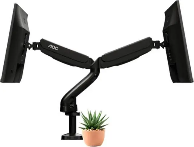 Main image of aoc ad110d0 - dual computer monitor arm mount, gas struts supporting up to 19.4 lbs and up to 27" on each arm. grommet and c-clamp mounts included. easy swivel, tilt, rotate for ergonomic setup.