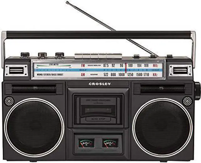 Main image of crosley ct201a-bk retro bluetooth boombox cassette player with am/fm radio and bass boost, black