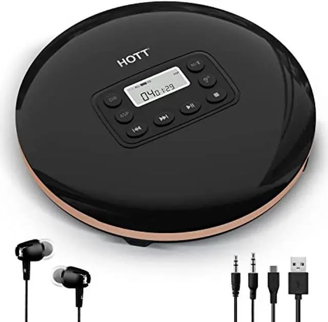 Main image of hott cd711t bluetooth rechargeable portable cd player for home travel and car with stereo headphones and, anti shock protection-black