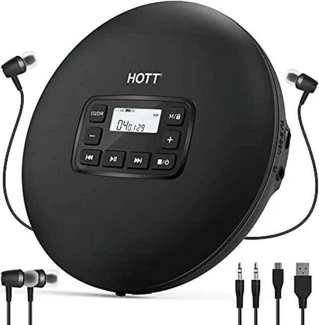 Main image of hott cd204 portable cd player, personal compact cd player with headphones, anti-skip/shockproof for home travel and car, small music cd walkman with lcd display for adults students kids-black