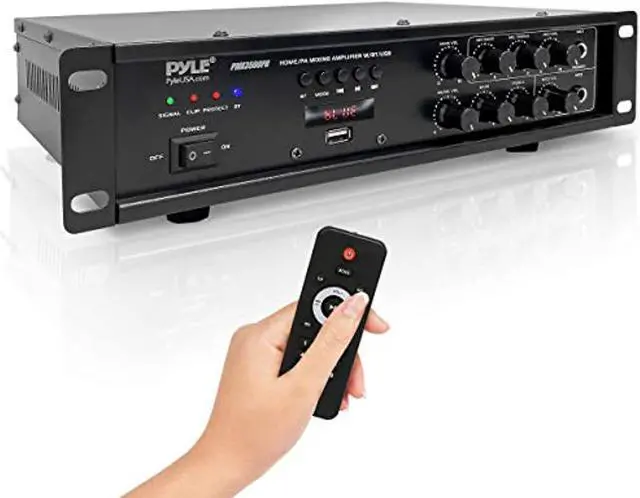 Main image of bluetooth home pa mixing amplifier - 500w home audio rack mount stereo power amplifier receiver w/fm radio, digital led display, usb/aux/mic, optical/coaxial, ac-3, 70v/100v output - pyle pmx3500ph