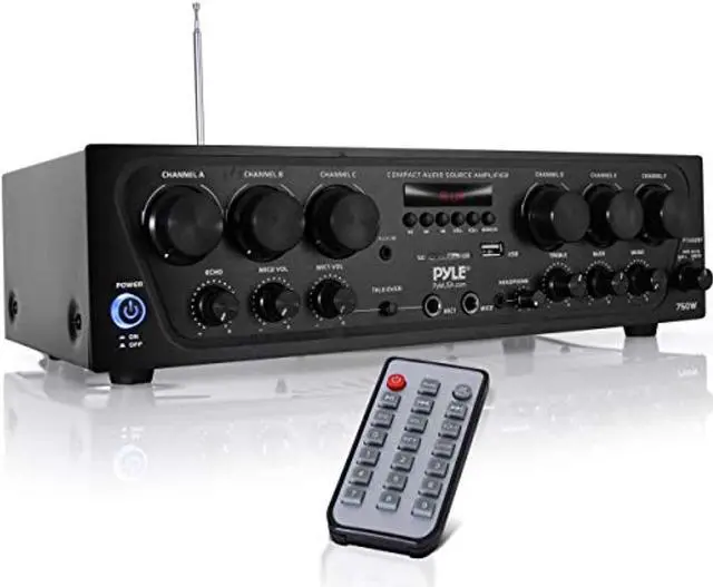 Main image of bluetooth home audio amplifier system - upgraded 6 channel 750 watt wireless home audio sound power stereo receiver w/ usb, micro sd, headphone, 2 microphone input w/ echo, talkover for pa - pyle