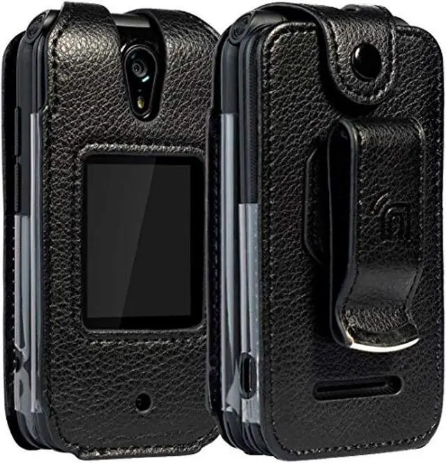 Main image of case for schok flip phone, nakedcellphone brand [black vegan leather] form-fit cover with [built-in screen protection] and [metal belt clip] for schok classic flip phone (sc3218)