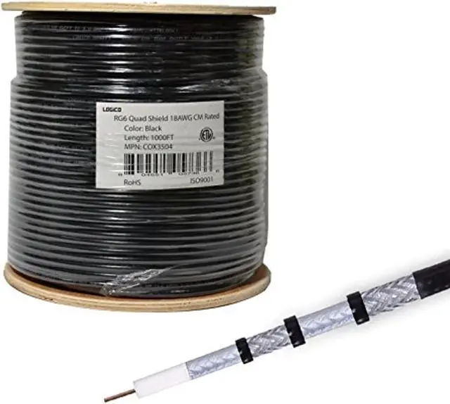 Alt view image 7 of 11 - RG6 Quad Shield Coaxial Cable 18 AWG 1000ft Bulk Coax Satellite TV Black