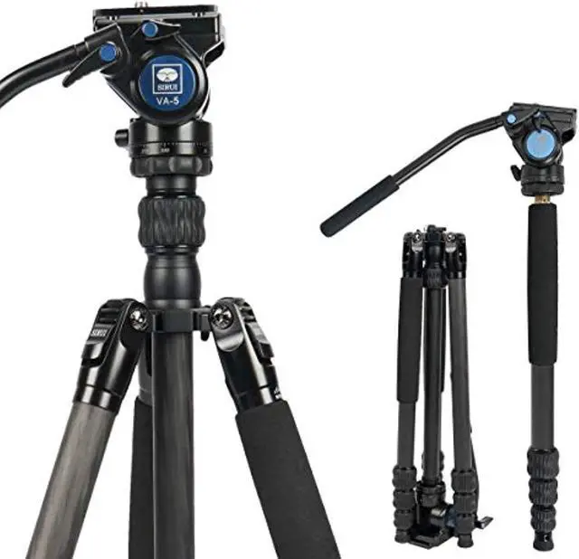 Main image of sirui 2-in-1 traveler series carbon fiber video tripod with va-5 fluid head for cameras, monopod conversion, 6.61lbs load capacity, 62.6inch, 360panning base, 1/4" and 3/8" screws (traveler vc)
