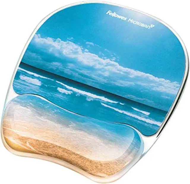 Main image of fellowes photo gel mouse pad and wrist rest with microban protection, sandy beach (9179301), blue, 9.25" x 7.88"