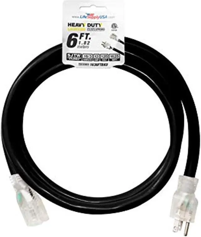 Main image of 6 ft extension cord 16/3 sjtw with lighted end - black - indoor / outdoor heavy duty extra durability 13amp 125v 1625w etl listed by lifesupplyusa