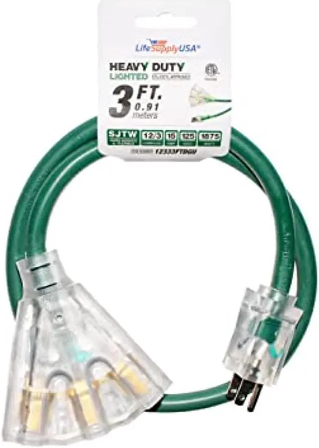 Main image of 3 ft extension cord 12/3 3-outlet sjtw with lighted end - green - indoor / outdoor heavy duty extra durability 15amp 125v 1875w etl listed by lifesupplyusa