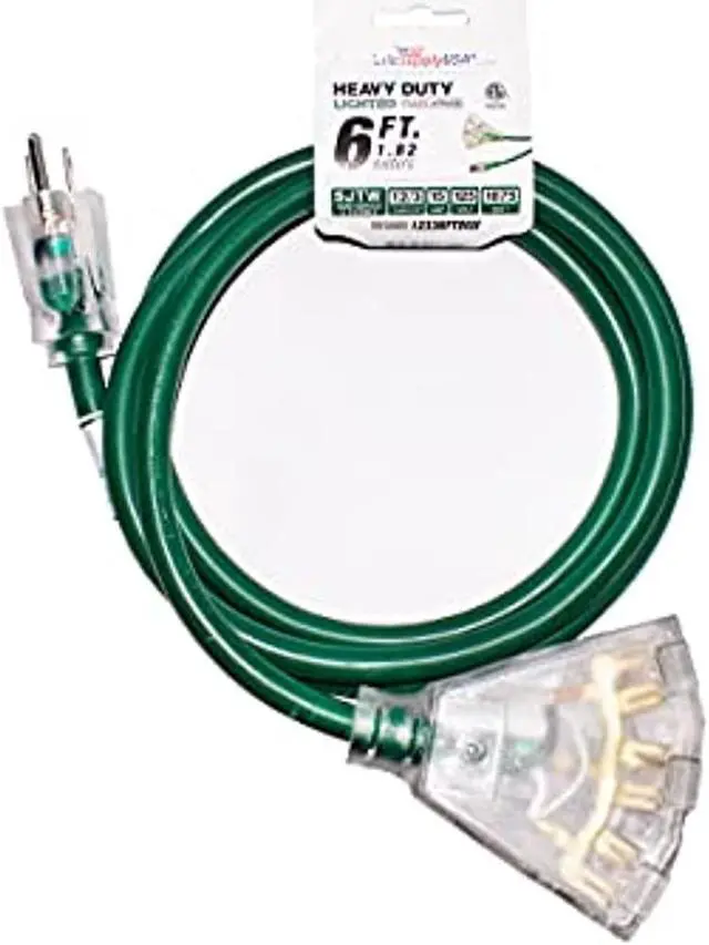 Main image of 6 ft extension cord 12/3 3-outlet sjtw with lighted end - green - indoor / outdoor heavy duty extra durability 15amp 125v 1875w etl listed by lifesupplyusa