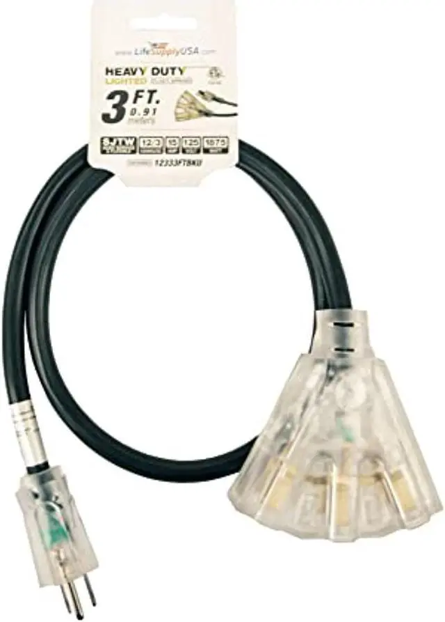 Main image of 3 ft extension cord 12/3 3-outlet sjtw with lighted end - black - indoor / outdoor heavy duty extra durability 15amp 125v 1875w etl listed by lifesupplyusa