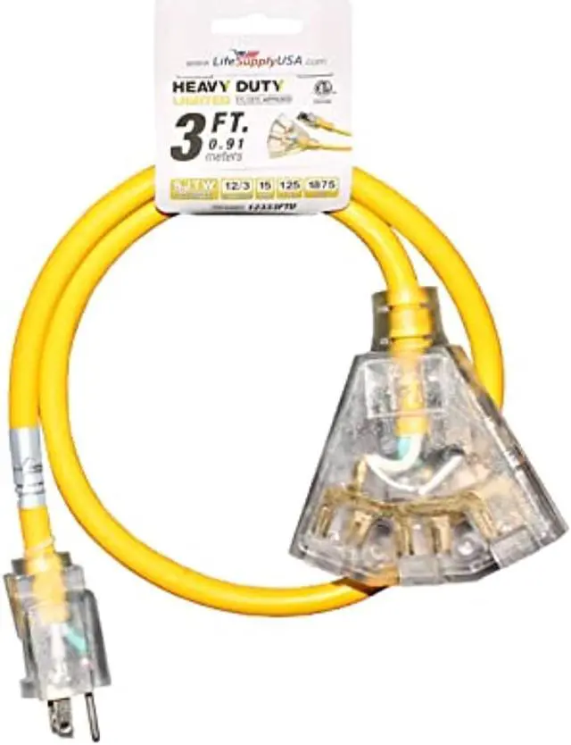 Main image of 3 ft extension cord 12/3 3-outlet sjtw with lighted end - yellow - indoor / outdoor heavy duty extra durability 15amp 125v 1875w etl listed by lifesupplyusa