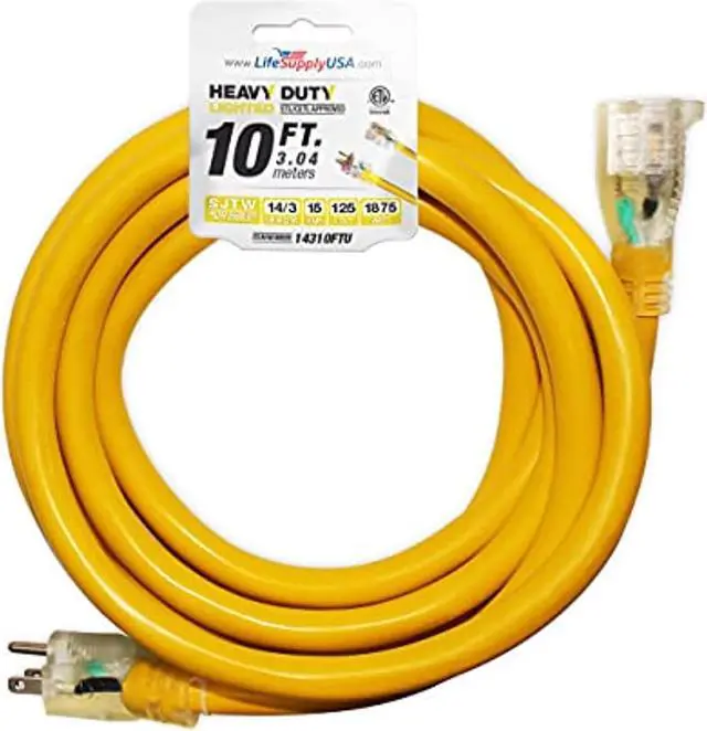 Main image of 10 ft extension cord 14/3 sjtw with lighted end - yellow - indoor / outdoor heavy duty extra durability 15amp 125v 1875w etl listed by lifesupplyusa