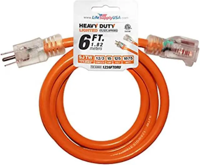 Main image of 6 ft extension cord 12/3 sjtw with lighted end - orange - indoor / outdoor heavy duty extra durability 15amp 125v 1875w etl listed by lifesupplyusa