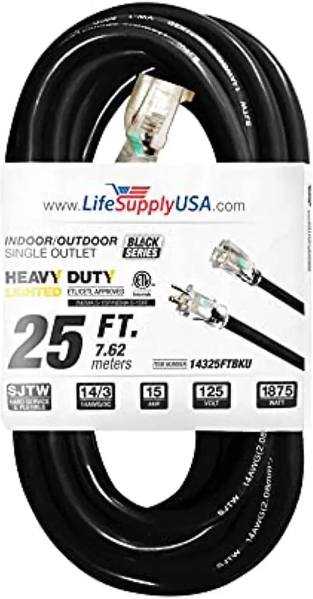 Main image of 25 ft extension cord 14/3 sjtw with lighted end - black - indoor / outdoor heavy duty extra durability 15amp 125v 1875w etl listed by lifesupplyusa
