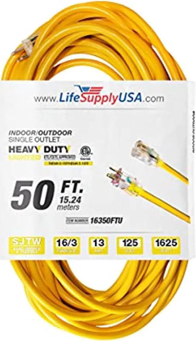 Main image of 50 ft extension cord 16/3 sjtw with lighted end - yellow - indoor / outdoor heavy duty extra durability 13amp 125v 1625w etl listed by lifesupplyusa