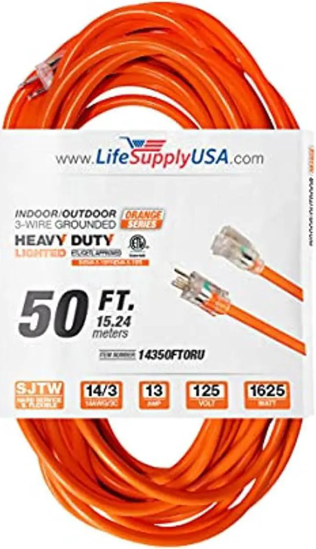 Main image of 50 ft extension cord 14/3 sjtw with lighted end - orange - indoor / outdoor heavy duty extra durability 13amp 125v 1625w etl listed by lifesupplyusa